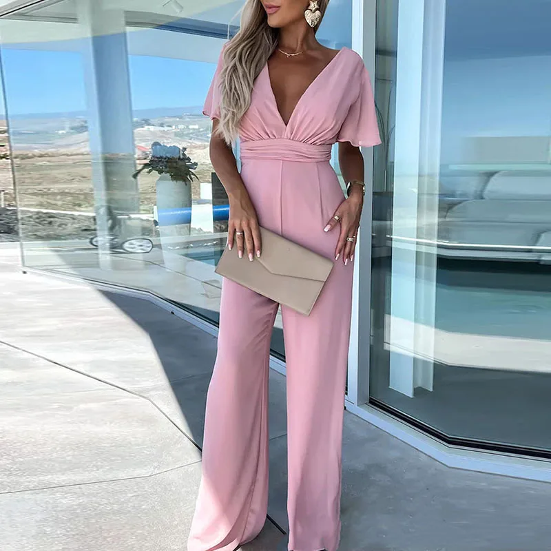 Forens Dame Elegante Rechte Jumpsuit Nieuwe Lente Solid V-Hals Vrouwen Playsuit Romper Zomer Korte Mouw Wijde Pijpen Broek Overalls