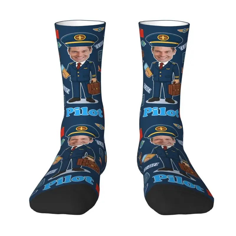 Novelty Men's Funny Pilot Custom Dress Socks Unisex Warm Breathbale 3D Print Personalized Face Photo Design Crew Socks