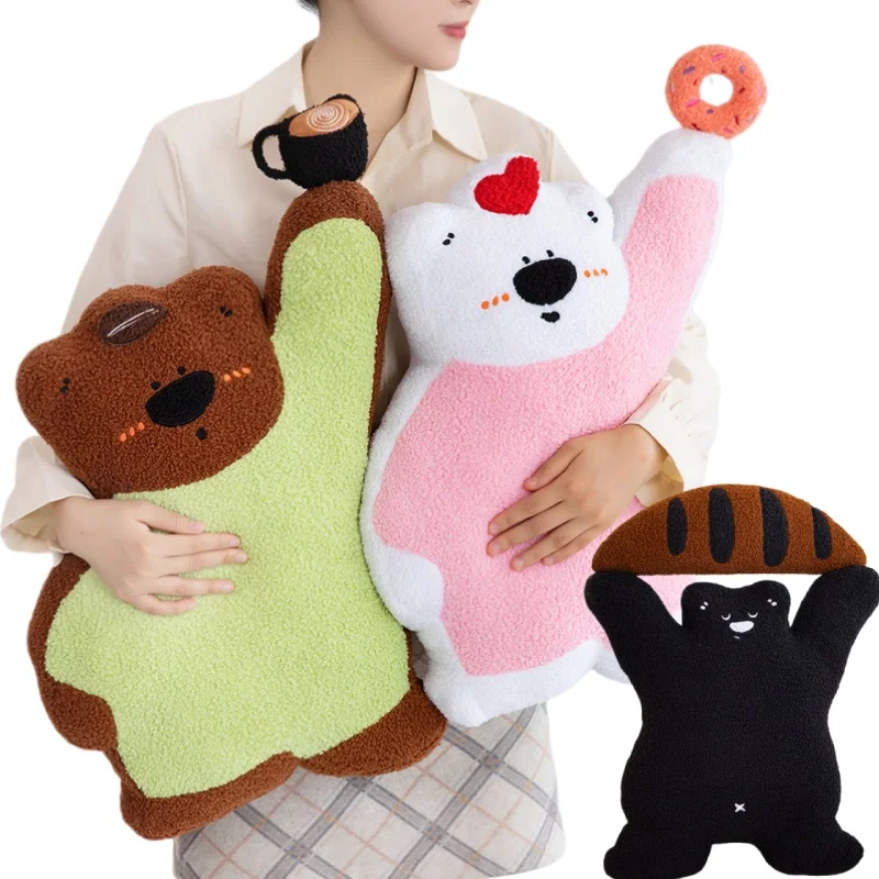 

Мягкая подушка-игрушка в виде медведя (коричневый, белый, черный) с пончиком или багетом, для домашнего декора