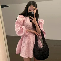 Chic Summer Sweet round Neck Texture Slimming Bubble Sleeve A-Line  Dress Women's High Waist Commute Style Other Material