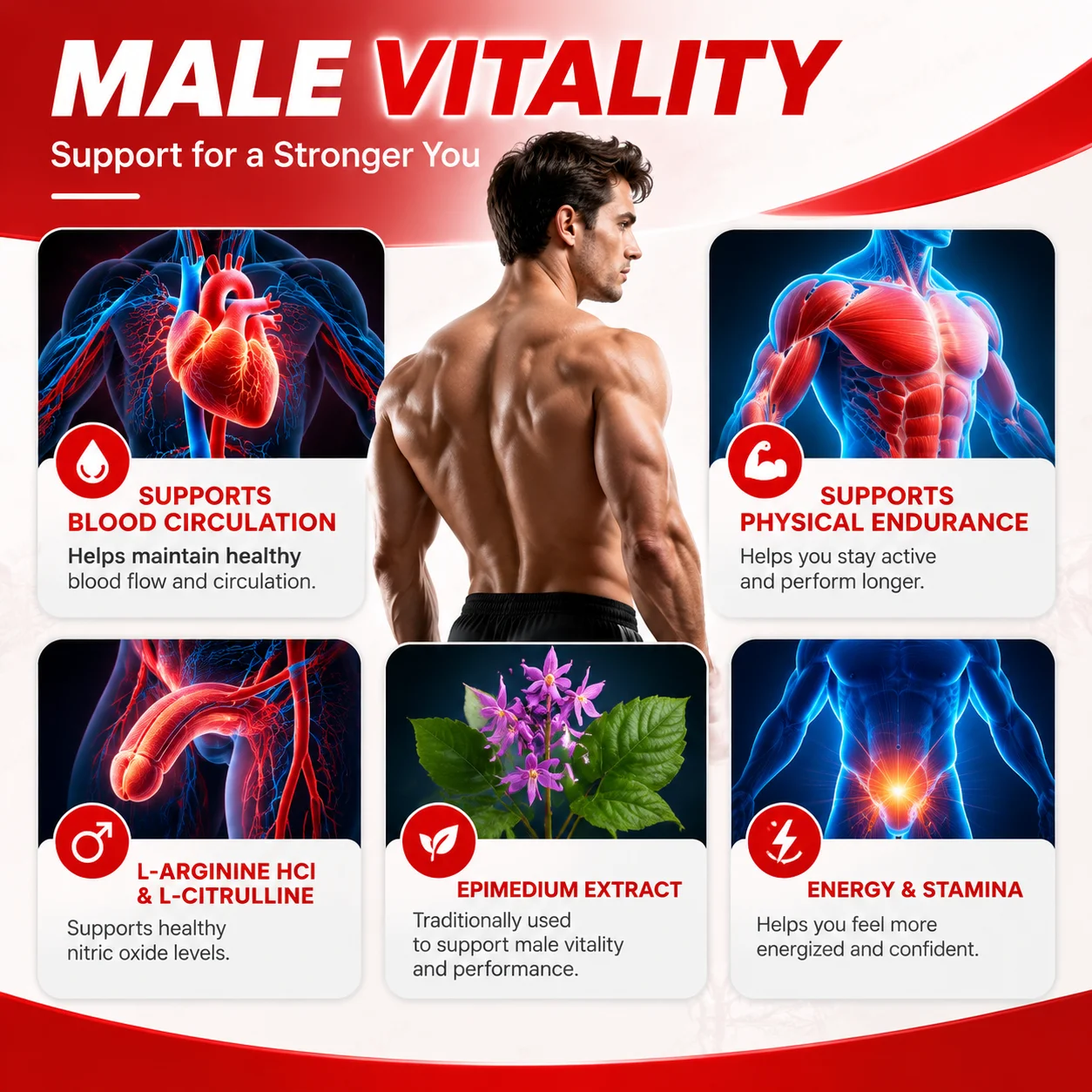 Male Vitality Capsules,Supports Physical Endurance,Blood Circulation,L-Arginine HCl,L-Citrulline,Epimedium Extract,60 Capsules
