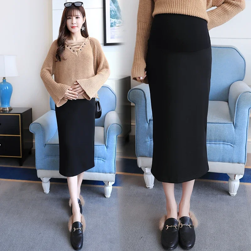 Maternity High Waist Belly Skirts Pregnant Women Empired Belly Skirts Mid-Calf Pencil Skirts Office Long Straight Skirt