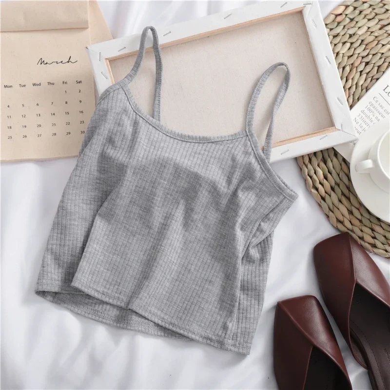Fanan Damen-Tanktop aus einfarbiger Baumwolle, elastisch, rückenfrei, dünn, mit Spaghettiträgern, gestricktes Camisole, bequemes Basis-Shirt