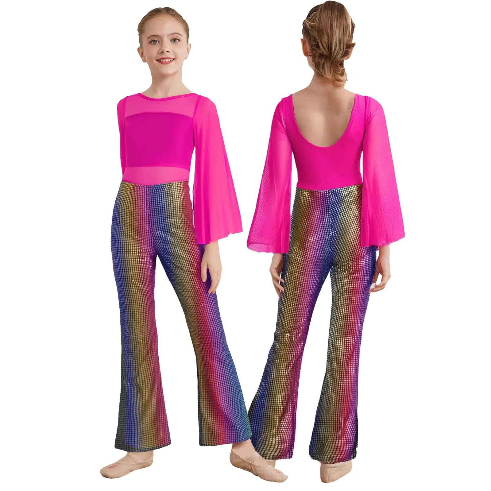 

Детский хип-хоп, уличный джазовый танцевальный костюм для выступлений на сцене, танцевальная одежда с блестками и длинными расклешенными рукавами, прозрачный сетчатый комбинезон, школьная праздничная одежда