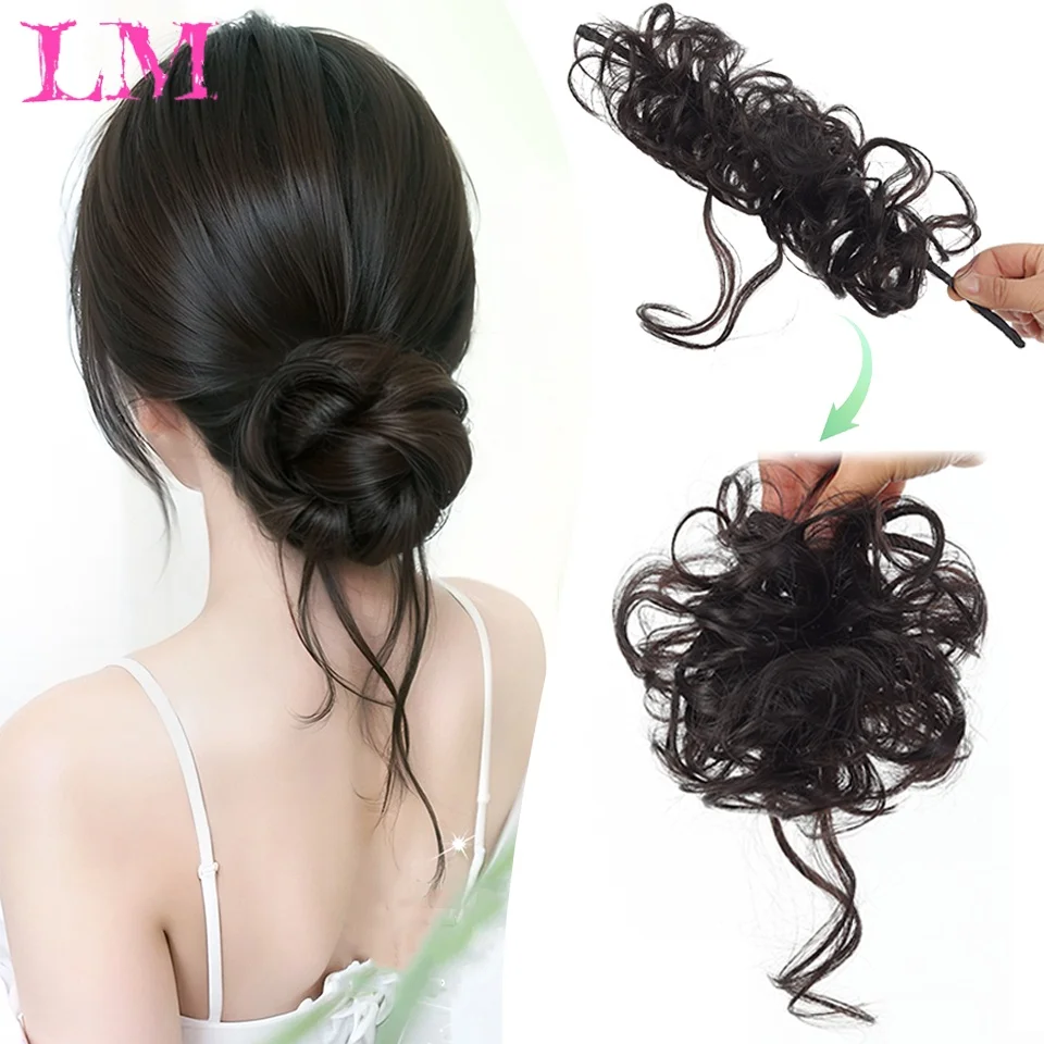 LM Synthetic Messy Bun Curly Wrap Around Hair Scrunchie Wispy Loose Curls Fake Chignon Hairpiece for Women Lazy Daily Styling