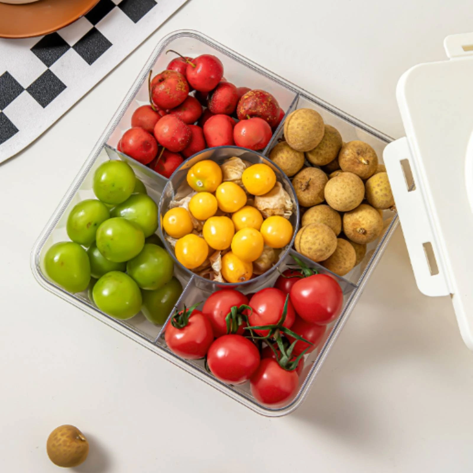 Divided Storage Box with Lid Travel-Friendly Compartment Organizer with Handle Snack Container with Lid Multi-Purpose for Pantry