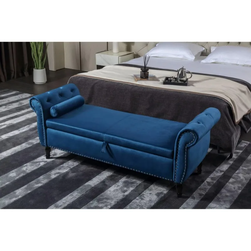 Rectangle Velvet Storage Bench Multifunctional Footstool Solid Wood Legs Tufted Nail Head Decorative Sofa Stool with Button