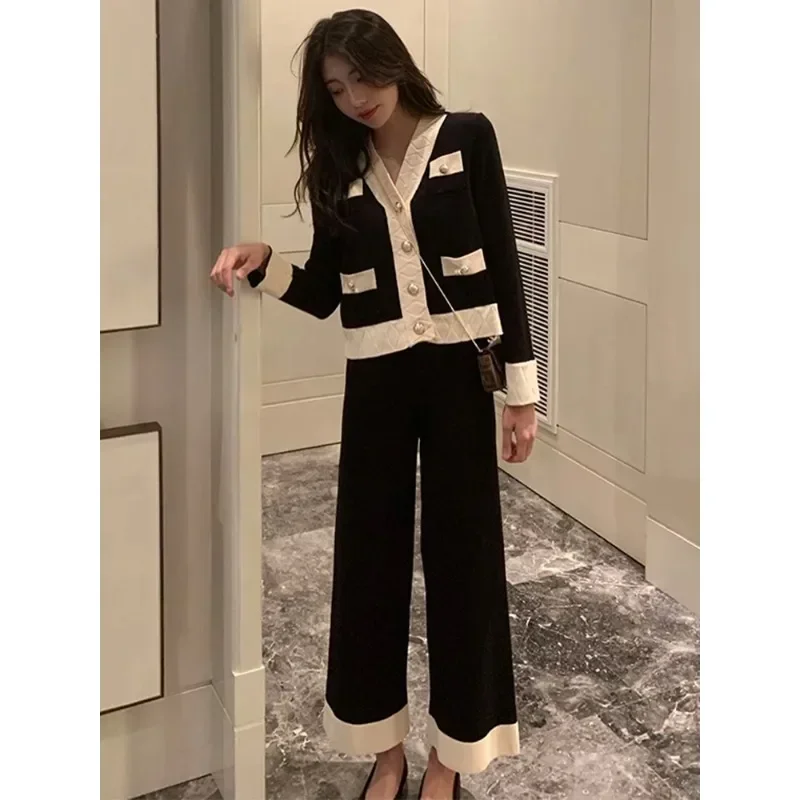 

Fashion Women's Suit 2025 Spring Autumn New Knit Professional Knitted Wide-leg Pants Two-piece