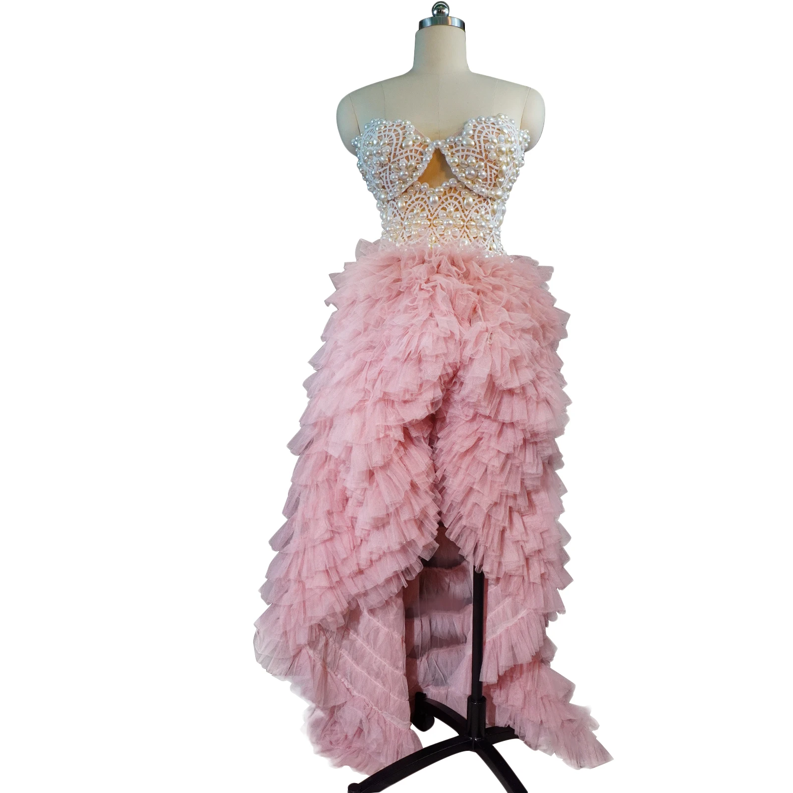

Fashion Pearl Sexy Backless Pink Dress Top And Skirt Birthday Singer Stage Costume Performance Evening Party Dance Celebrate