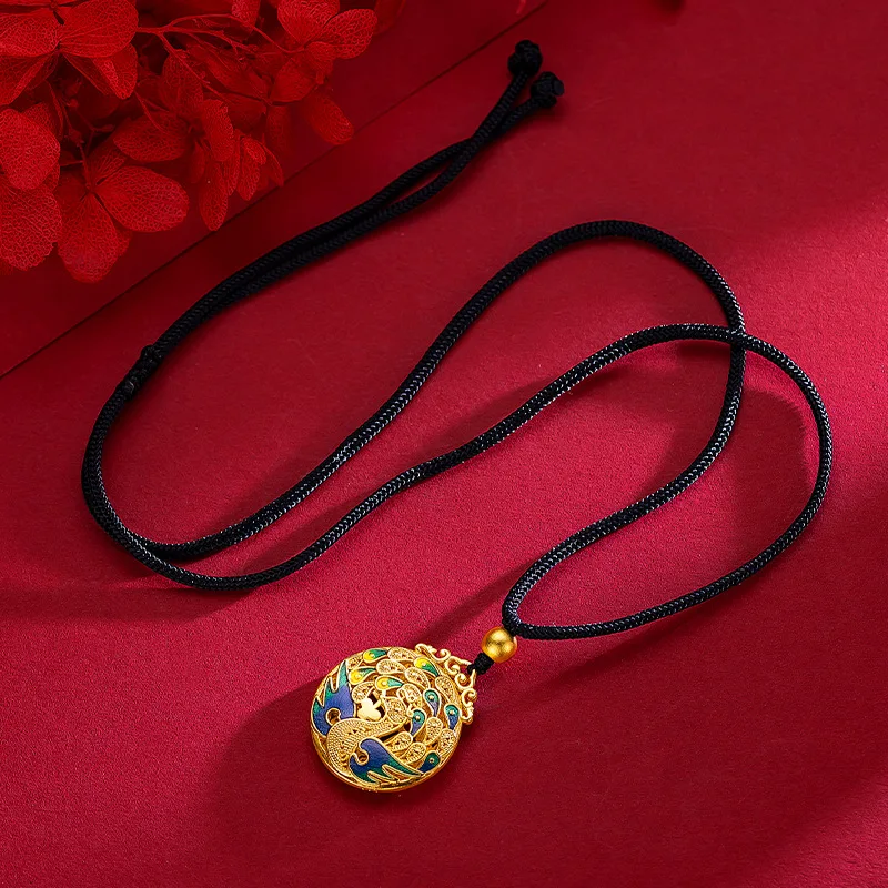 9999 Real Gold 24K Phoenix Pendant Women's Gold Ancient Method Phoenix Fu Brand Burnt Blue Enamel Pendant Pendant Jewelry