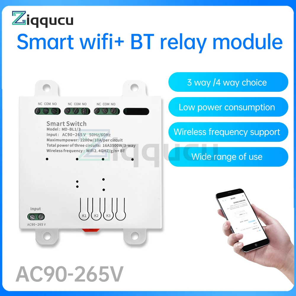 

3 Channel 4 Channel AC90-265V Intelligent Wifi BT Relay Module Remote Control Relay Switch With Housing 3CH 4CH Relay 220V