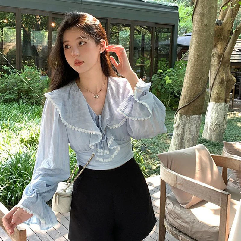 Blue Bandage Women Shirts Korean Sweet Lace Patchwork Flare Sleeve Female Blouse Autumn New V Neck Slim Ladies Casual Crop Tops