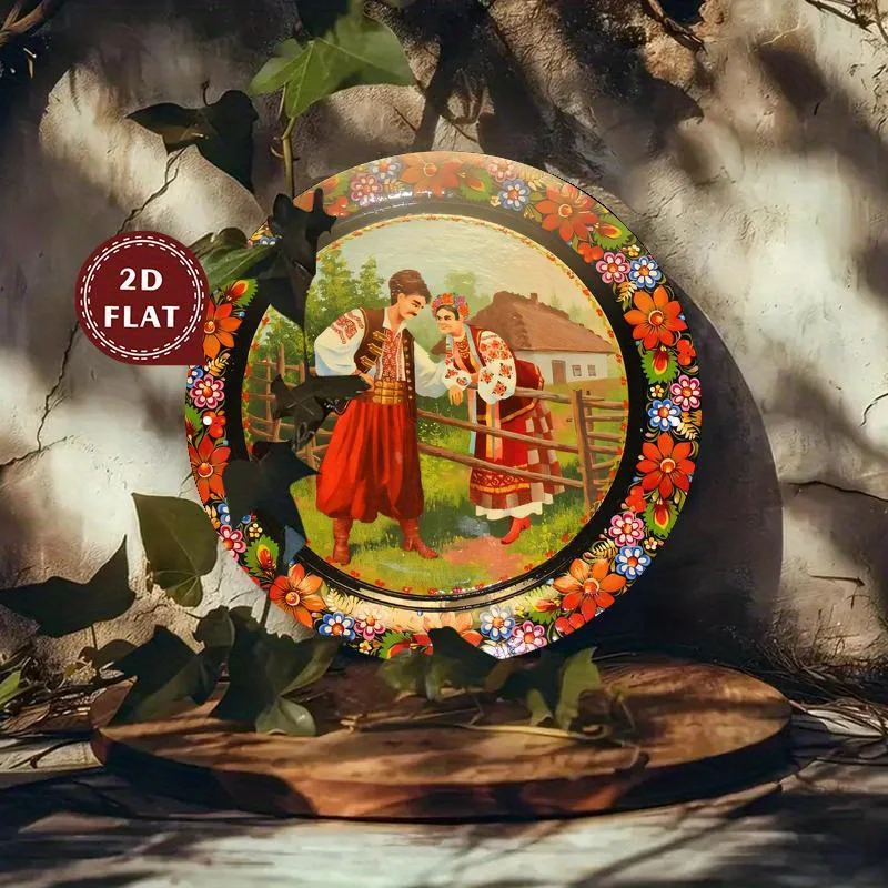 2D Flat, Vintage Ukrainisches traditionelles Kostüm-Metallwandkunstschild – wasserdichte und staubdichte Wandschild aus Aluminium mit