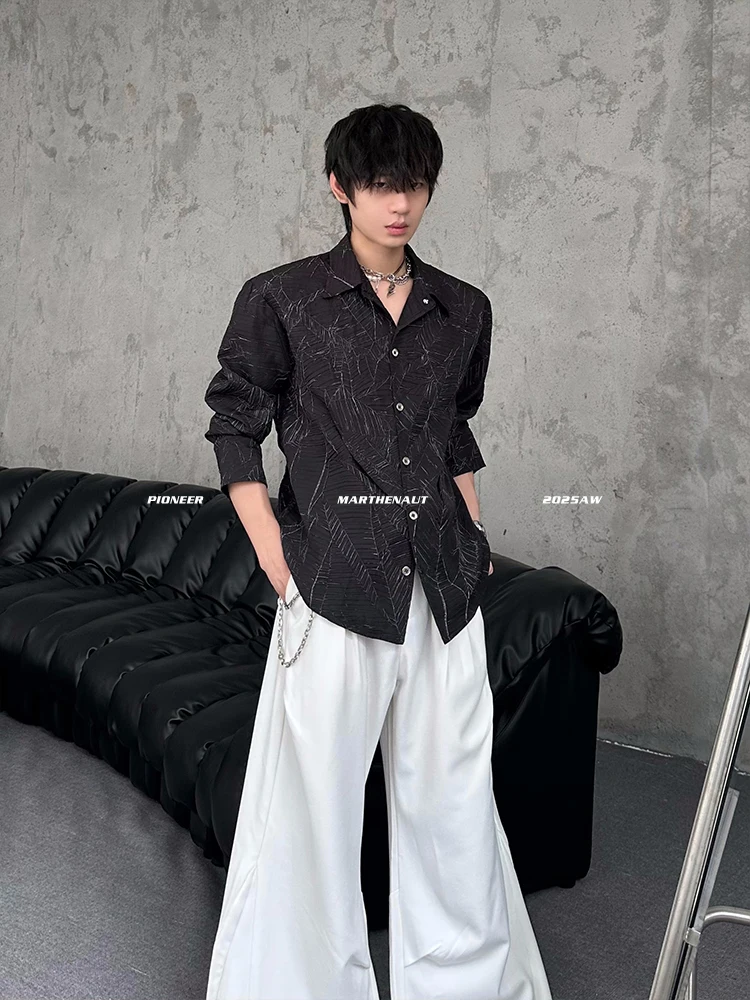 

MARTHENAUT Textured Short Men's Shirt Shoulder Pads Drawstring Loose Fit Elegant Style Polyester Nylon Blend Autumn Shirt