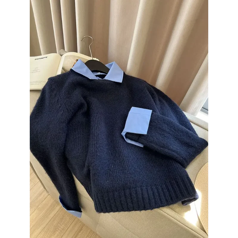 เสื้อสเวตเตอร์ถักไหมพรมสองชิ้น สไตล์ใหม่ คอตัดกัน สไตล์ลำลอง เสื้อสเวตเตอร์ถักไหมพรม