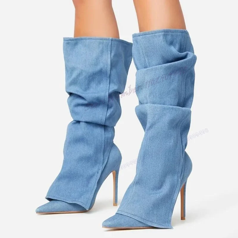 Blue Denim Pleated Knee High Boots Pointed Toe Shoes for Women Thin High Heels Autumn Sexy Lady Shoes 2023 Zapatos Para Mujere