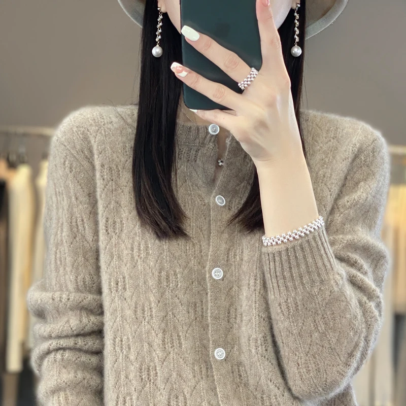 Round Neck 100% Merino Wool Cardigan Spring Autumn New Hollow Out Fashion Long Sleeved Solid Color Knitted Cardigan Sweater Top