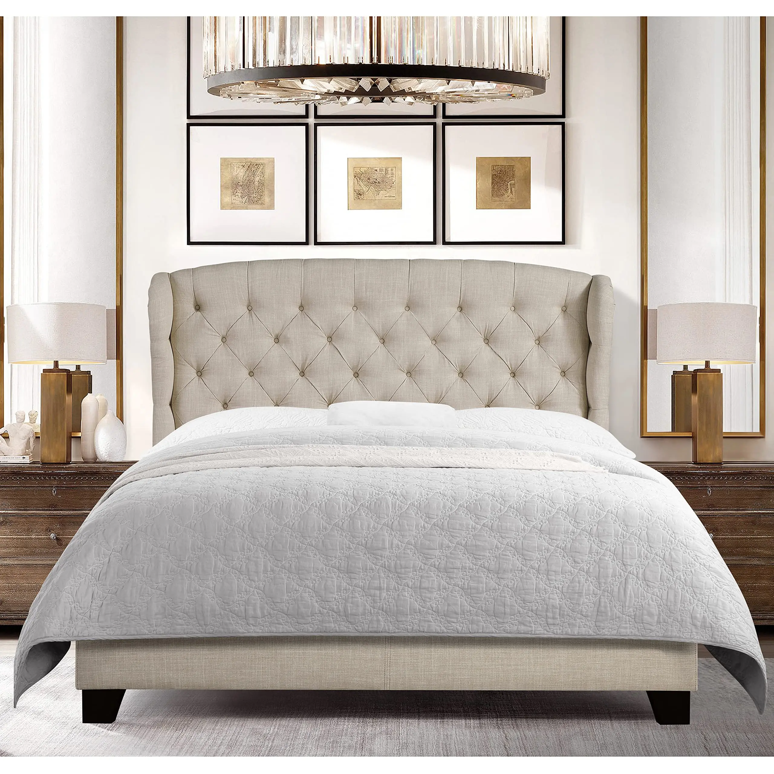 Torrey Wingback Platform Bed/Tufted Headboard Adjustable Height Bed Frame/Fabric Upholstered Bed Frame/Wood Slat