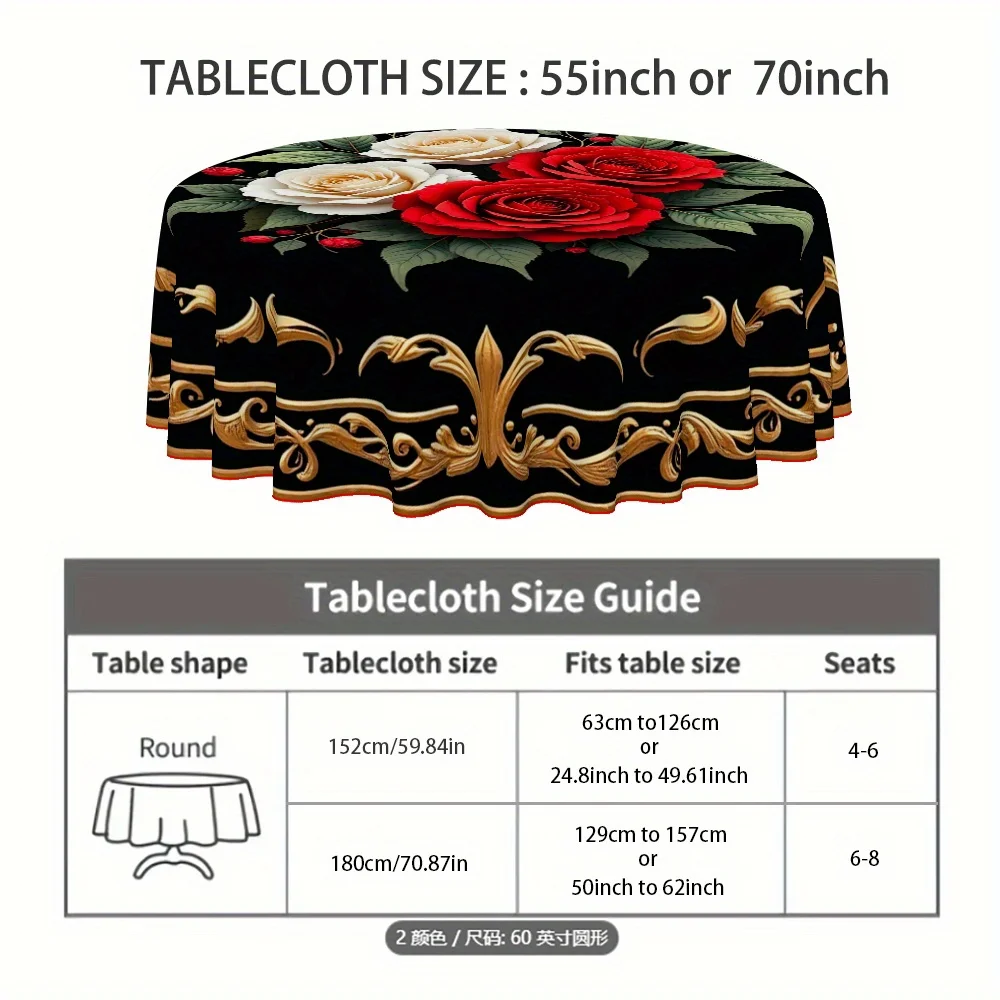 1 tablecloth, Christmas theme, round tablecloth with elegant rose pattern, suitable for home kitchens and dining rooms