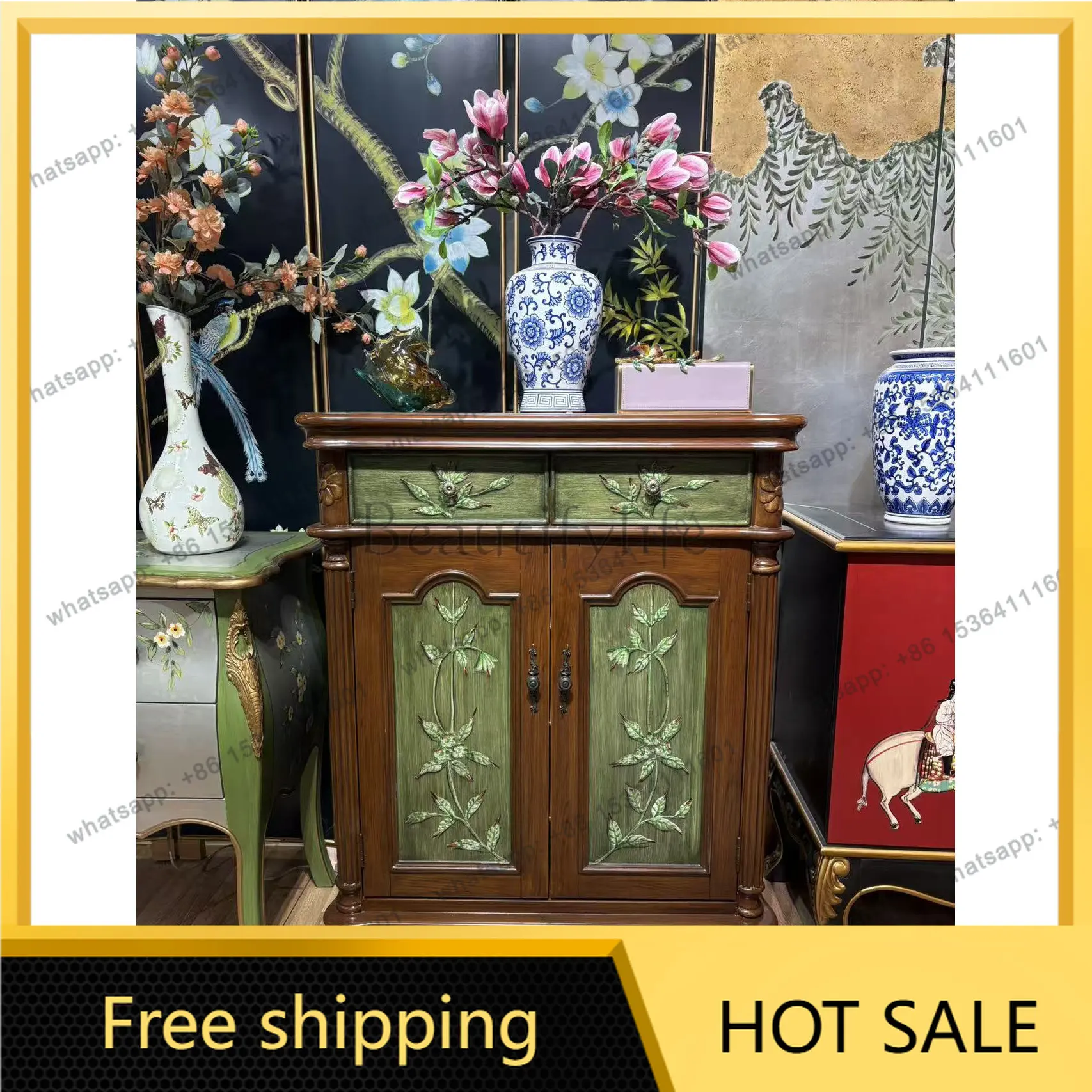 LD light luxury retro painted green wood relief flower multi-functional cabinet household locker