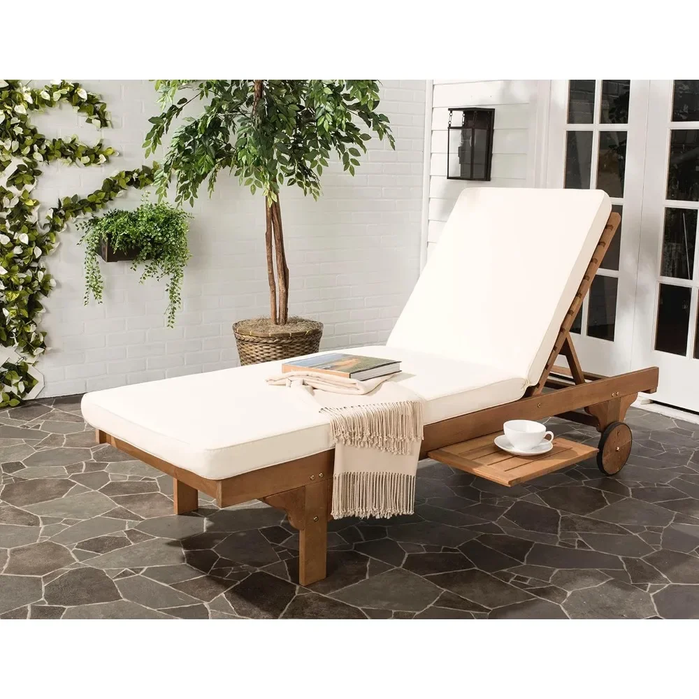 Outdoor Collection Newport Natural Beige Cushion Built-in Side Table Adjustable Chaise Lounge Chair