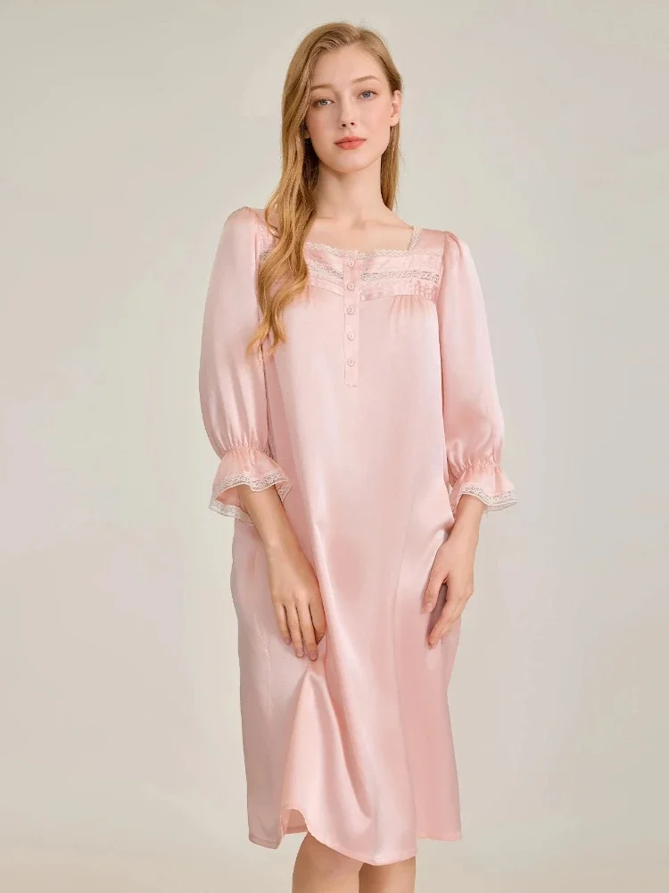 

Women's French Square Neck Silk Nightgown 100% Mulberry Silk Princess Dress with Long Puff Sleeves Palace Sleepwear & Loungewear