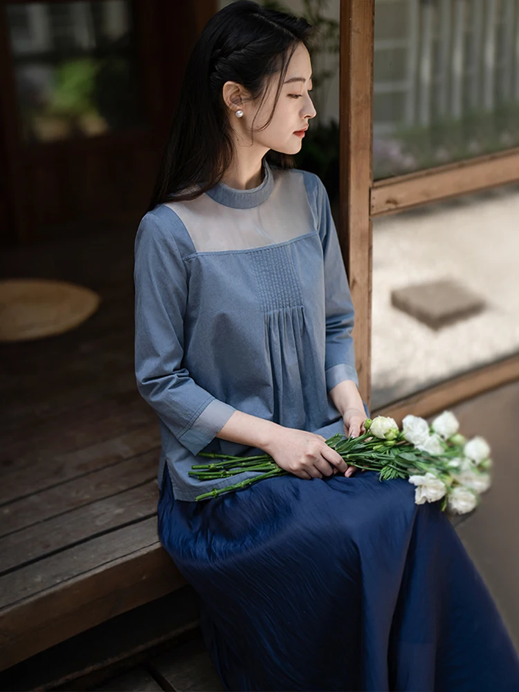 

Оригинальная хлопковая джинсовая рубашка синего цвета с пэчворком и воротником-стойкой в европейском стиле, женская, для повседневной носки, летняя, свободного кроя