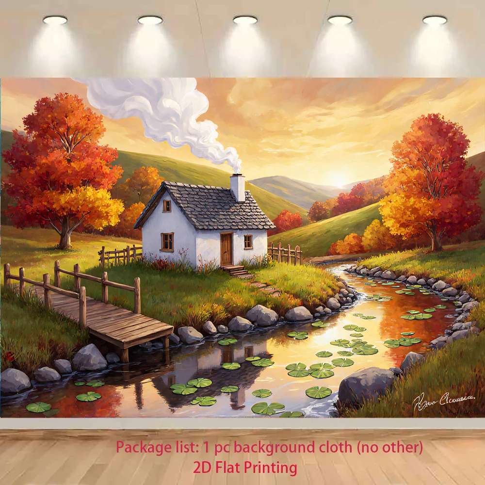 Autumn Cottage River Tapestry 2D Flat Wall Hanging Red Tree Landscape Decor for Living RoomBedroom Oil Painting Art FabricPoster