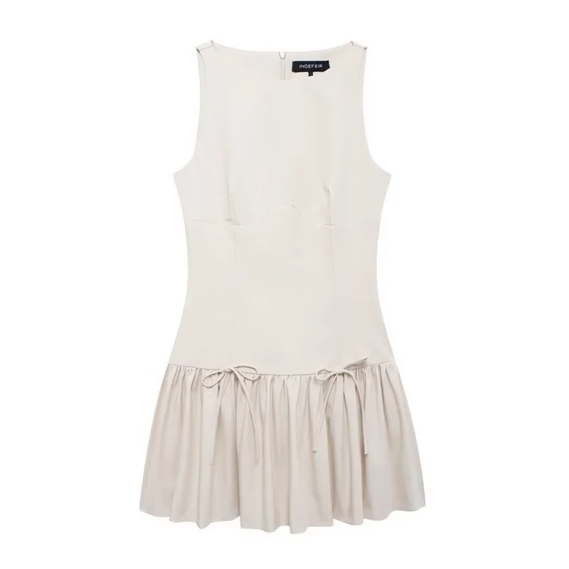 Trendy Summer Bow Mini Dress - O-Neck Sleeveless Ruffled A-Line for Effortless Street Style