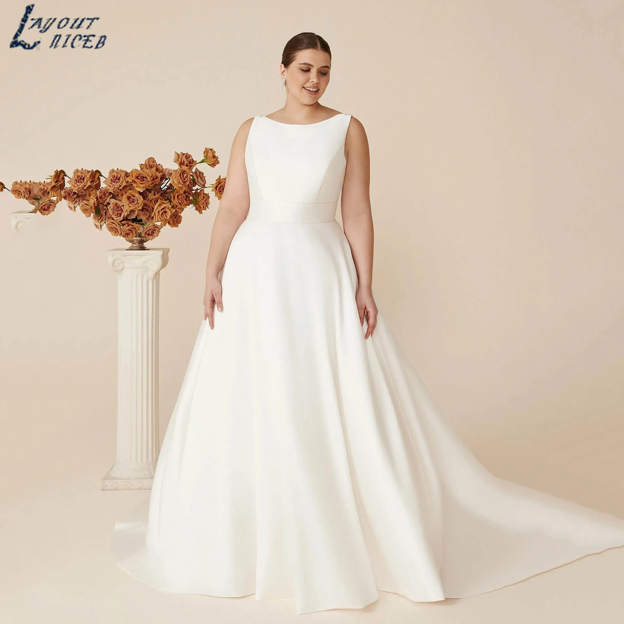 

Чистое бальное платье больших размеров с V-образным вырезом из бисера, классическое атласное свадебное платье для невесты с круглым вырезом без рукавов, платье de novia по индивидуальному заказу