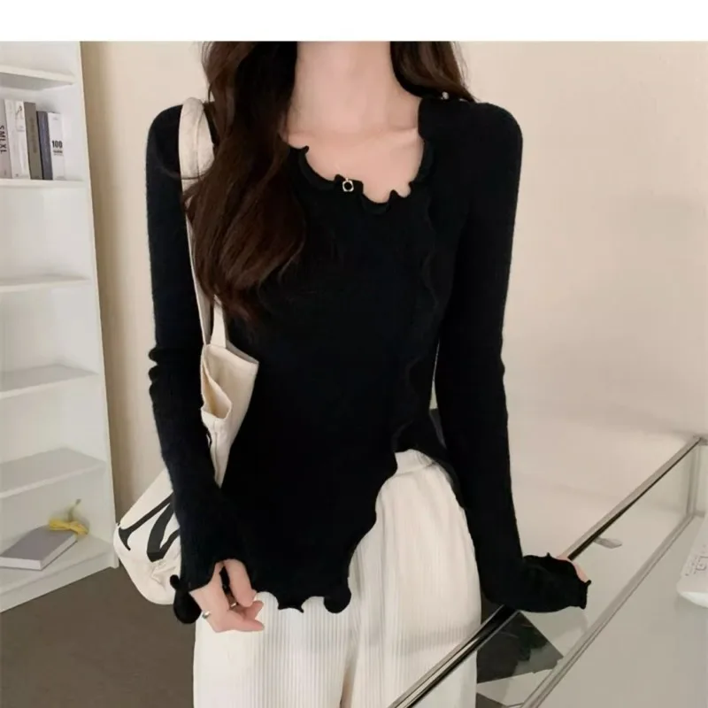 Women's Autumn Winter Fashion Solid Color Oblique Collar Wood Ear Edge Casual Versatile Long Sleeve Slim Fit Sweater Knit Tops