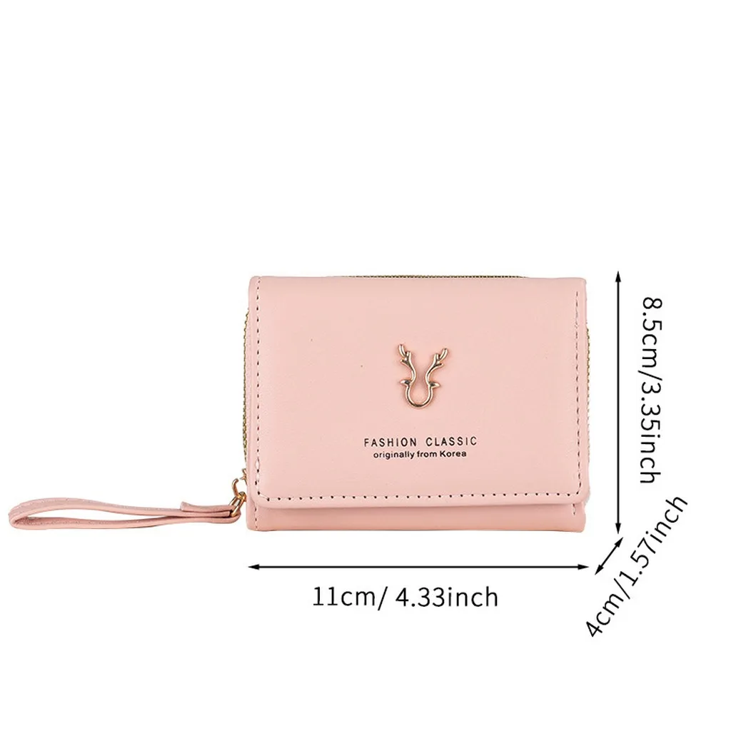 Women Small Wallet Trifold PU Leather Short Purse Zipper Coin Pocket Card Slots Cute Korean Style Metal Deer Decor Clutch