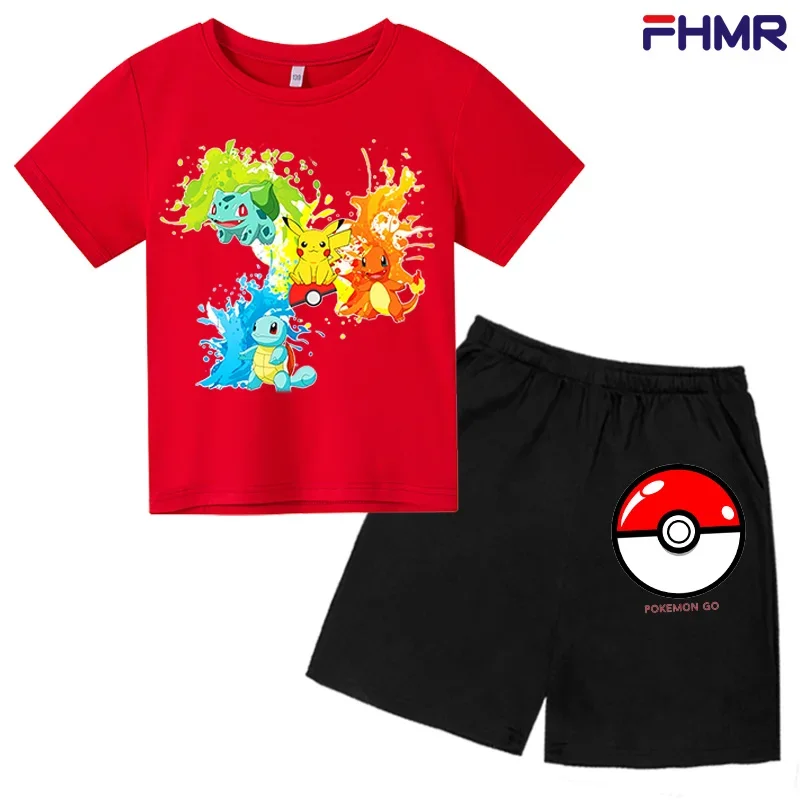 Summer kids pokemon T-shirt Set Boys' Clothing  Leisure Cotton PikachuShort Sleeve Preschool 3-12 Girls' Cartoon Animal Print