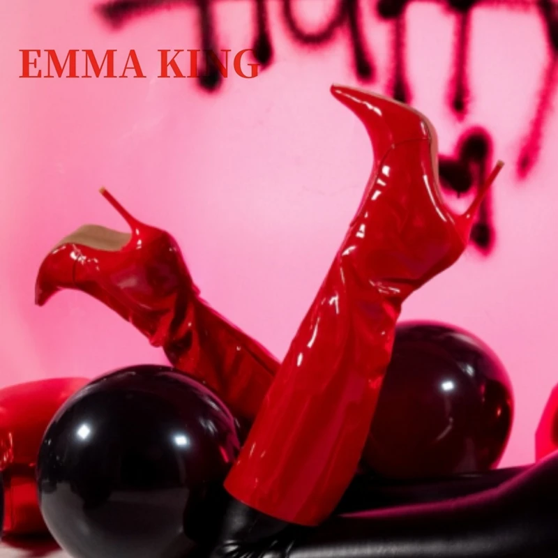 أسود براءات الاختراع والجلود حذاء برقبة للركبة مثير أشار تو الخنجر الكعوب أحذية طويلة أنيقة حفلة المنصة موضة الجانب سستة الأحذية