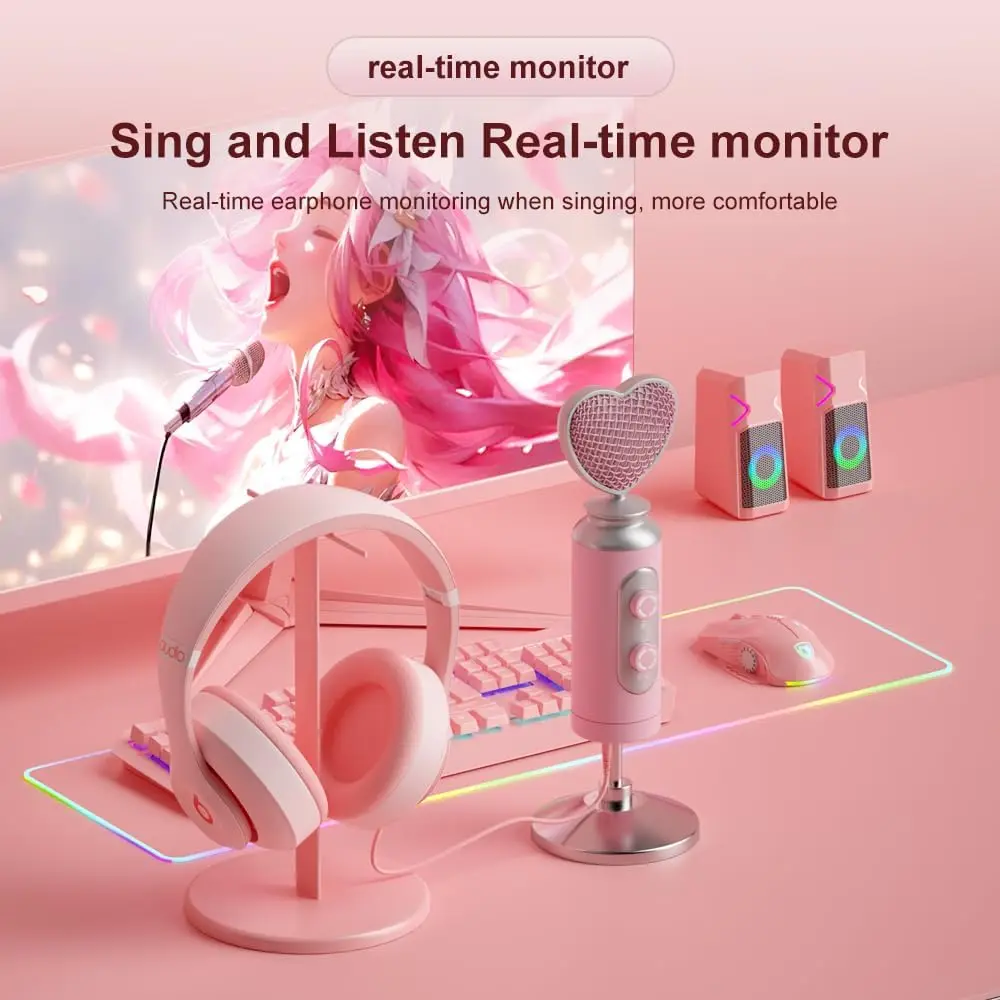 USB Gaming Condenser Mic Pink Heart Design, One-Click Mute Gain Control Plug & Play for PC Streamers Gamers and Video Creators