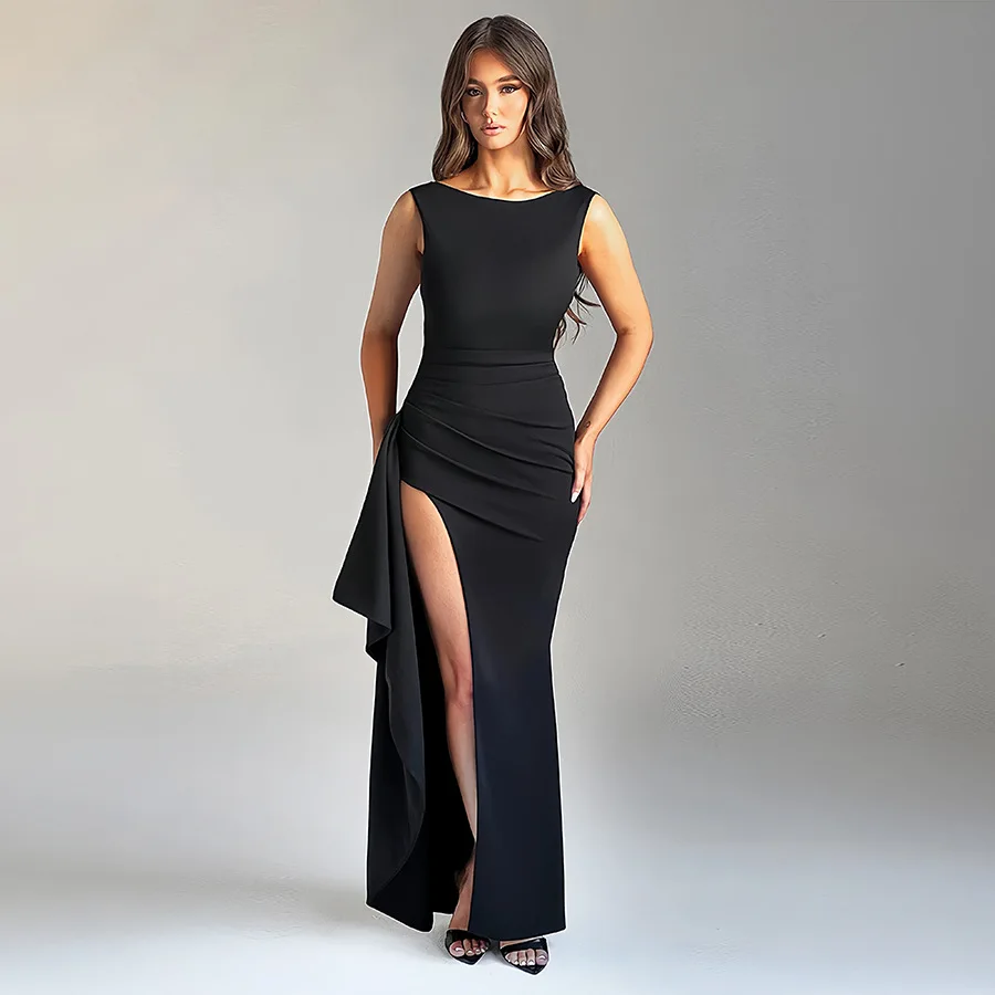 Solid Color Sleeveless High Slit Sexy Backless Bodycon Long Dress Summer Dresses for Women