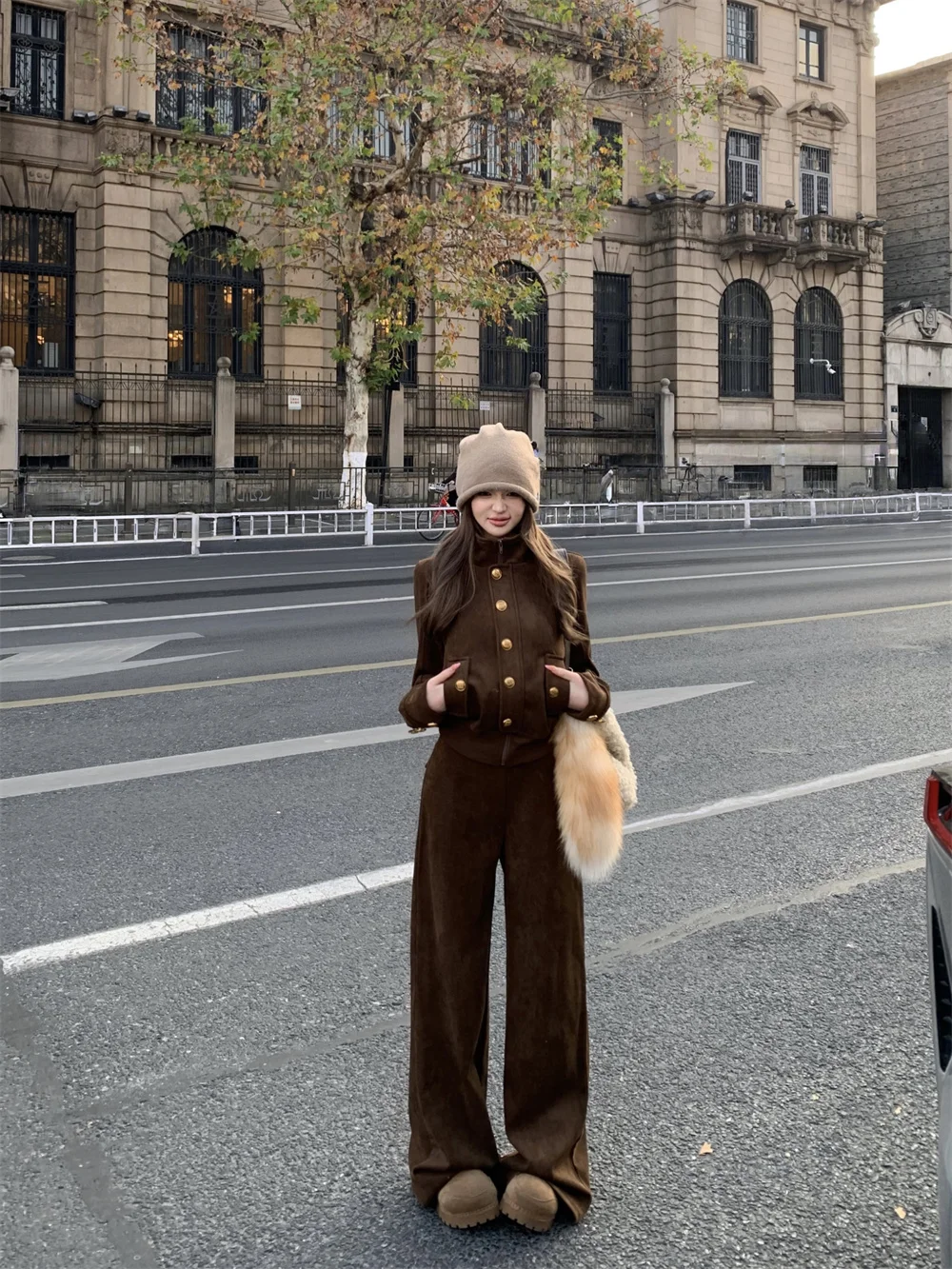 

Caramel Color Casual Set with Collar Long Sleeve Outerwear And High Waist Wide Leg Pants for Women Spring Season Two Piece Set