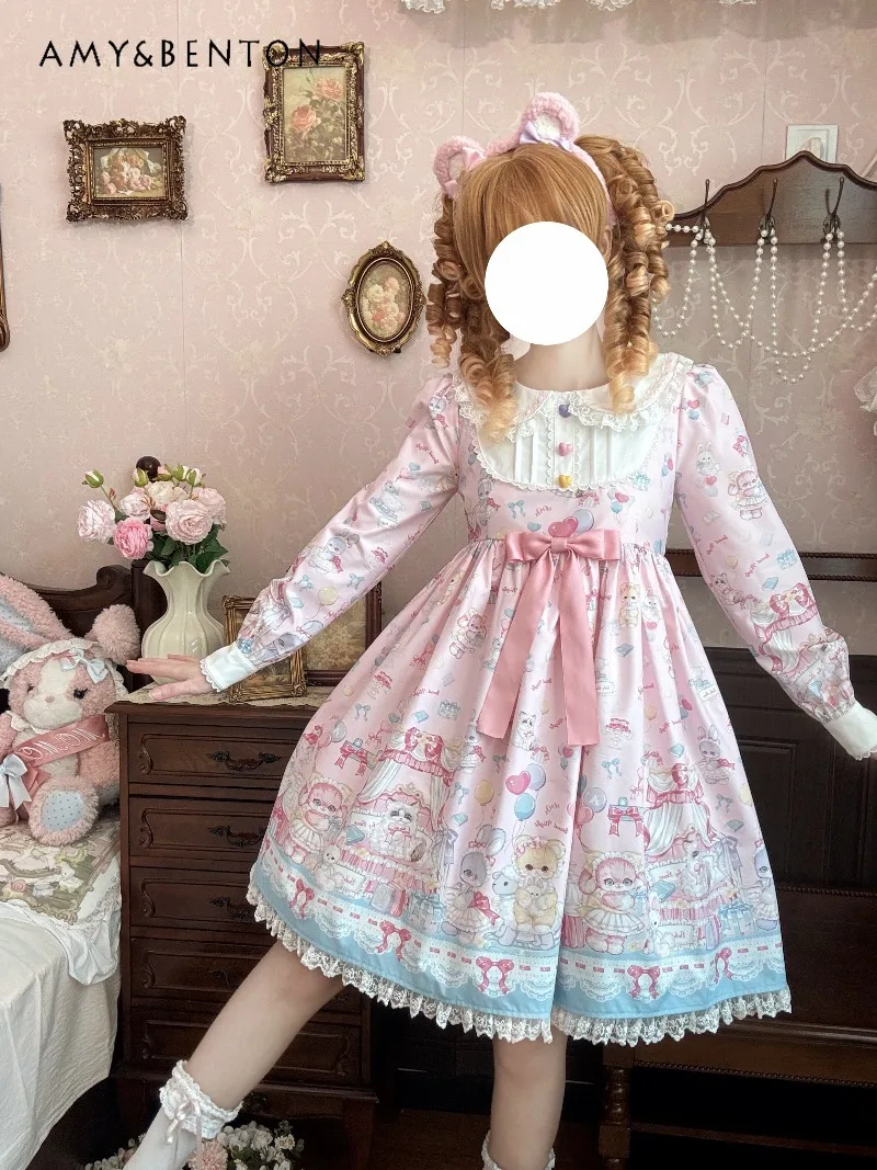 

Kawaii Girl Lolita Style OP Long Sleeve Dress Cute Cartoon Print Doll Collar High Waist Slim Mini Dress Birthday Dress for Women