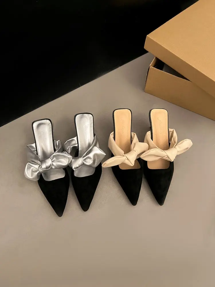 

2024 Summer Women Pointed Toe High Heels Sandals Bowknot Fashion Flower Woman Shoes Slingback Woman Slippers