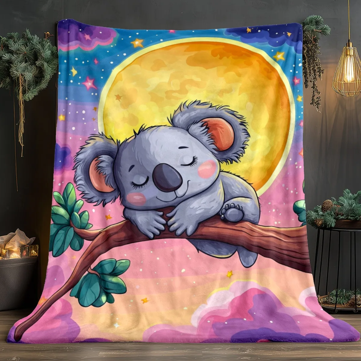 Sleeping Koala On Tree Branch Night Sky Flannel Blanket Cute Animal Print Soft Warm Throw For Kids Bedroom Decor Gift