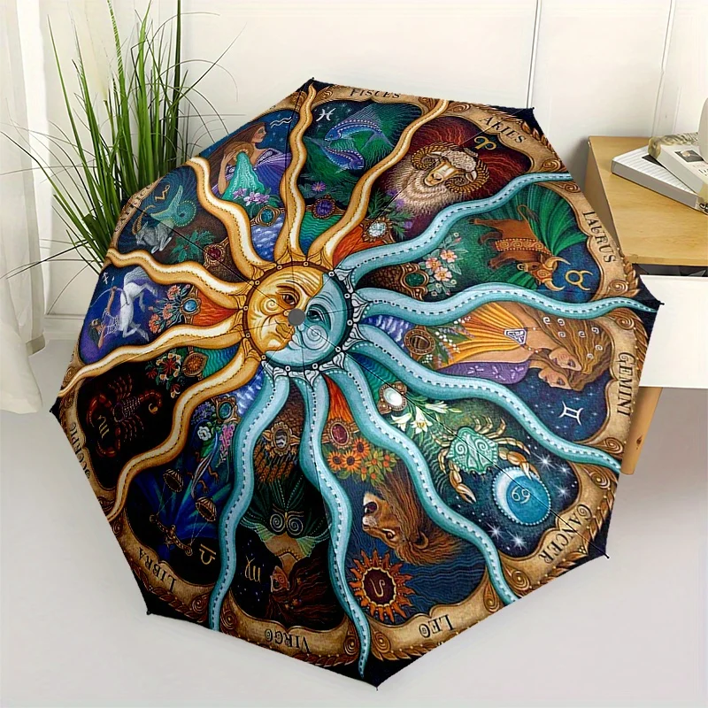 

Зонт автоматический с мандалой Зодиака и небесной гармонией, 8 спиц, компактный, складной в 3 сложения, с 12 знаками Зодиака и чакрами, 1 шт.