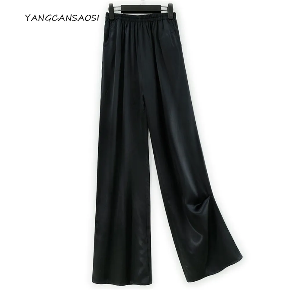 

Женская одежда, черные, тяжелые, 22 мм, 100% натуральный шелковый атлас, эластичный пояс, карман, дизайн, повседневные прямые брюки