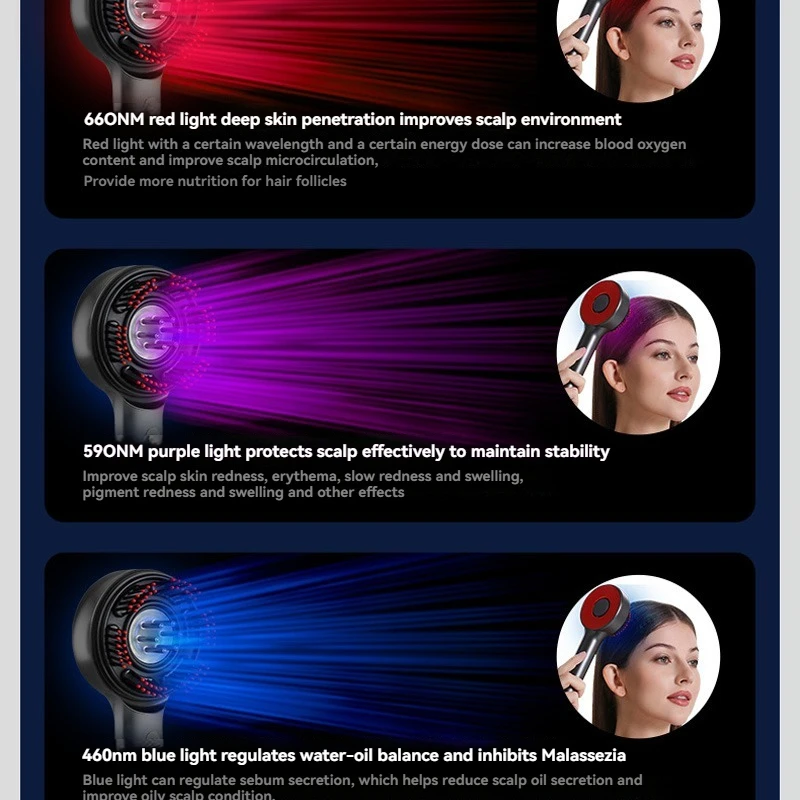 مشط تدليك كهربائي بالاهتزاز مدلك الرأس أحمر أزرق أرجواني ثلاثة ألوان علاج بالضوء بصيلات الشعر العميق تجريف العناية بالشعر co