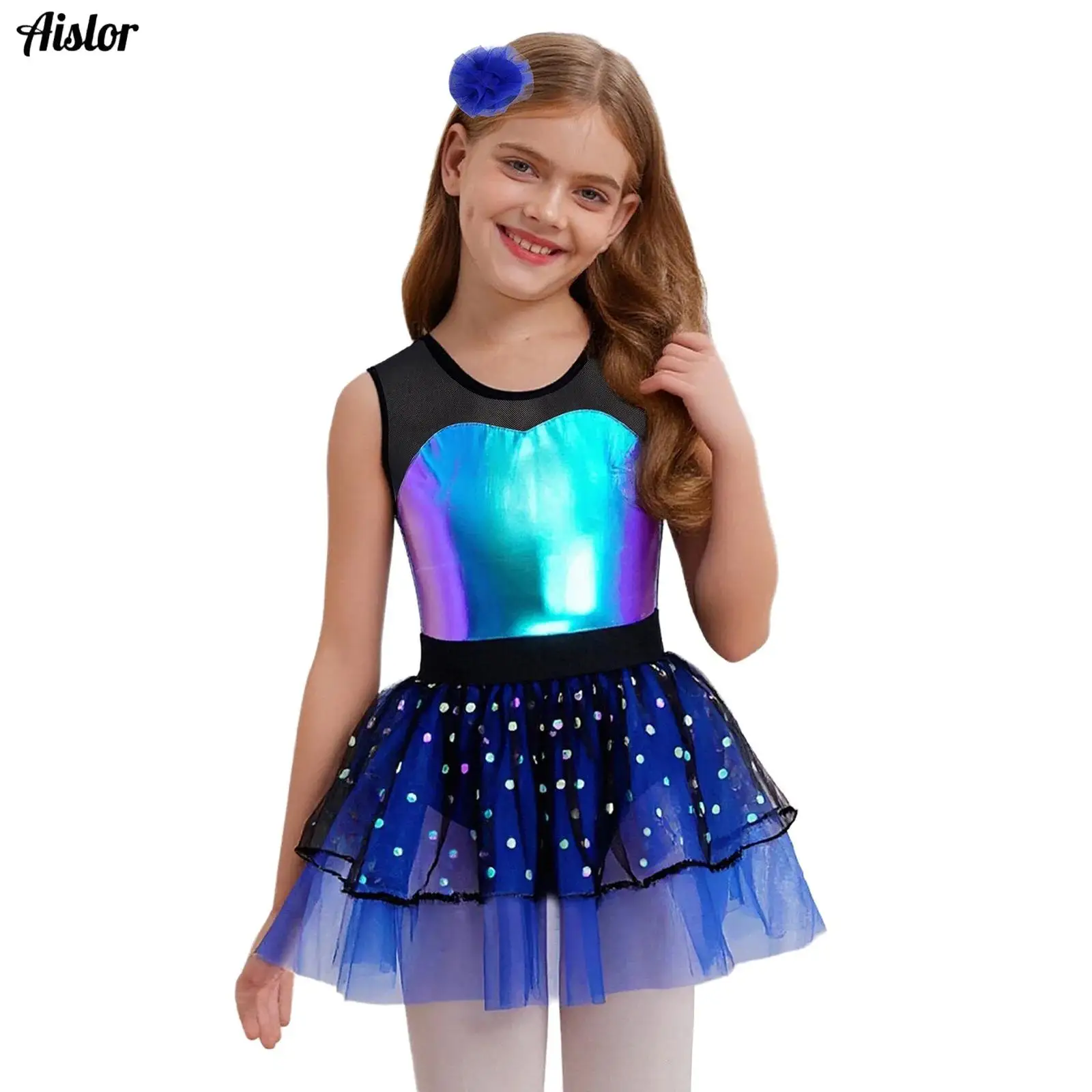 

Kids Girls Jazz Ballet Dance Dress Sleeveless Sheer Mesh Patchwork Metallic Bodice Tulle Tutu Dress with Headwear 2Pcs Dancewear