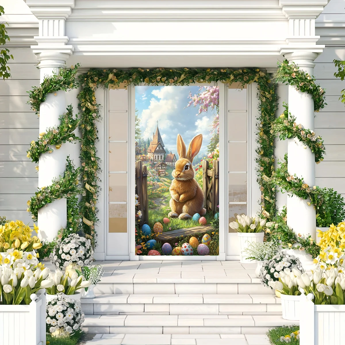 Easter Happy Spring Bunny Door Cover Banner Background Easter Door Curtain Hanging Decor Banner Festival Party Porch Decoration