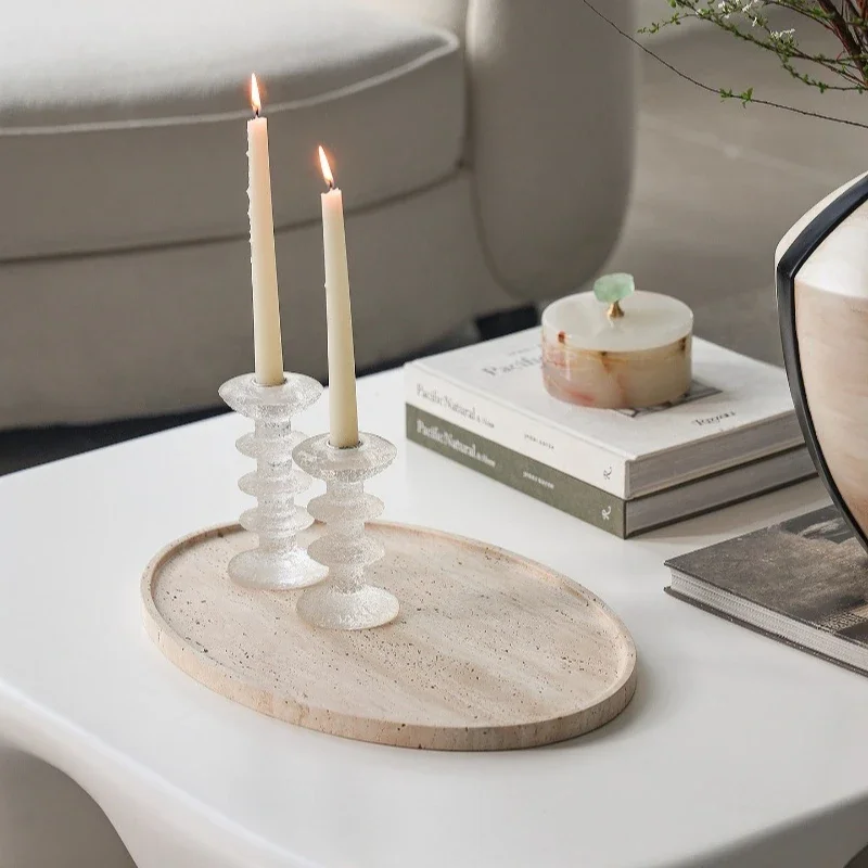 Light French yellow travertine tray natural marble light luxury oval desktop storage tray ornament