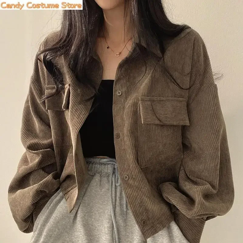 

Casual Shirts Top Autumn Retro Corduroy Blouse Women Single-Breasted Turndown Collar Cropped Jacket Female Pockets