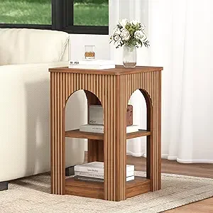 

End Table with 3-Tier Storage, -Century ern Side Table with Arched Carving Lines, Square luted Nightstand Accent Table or Living