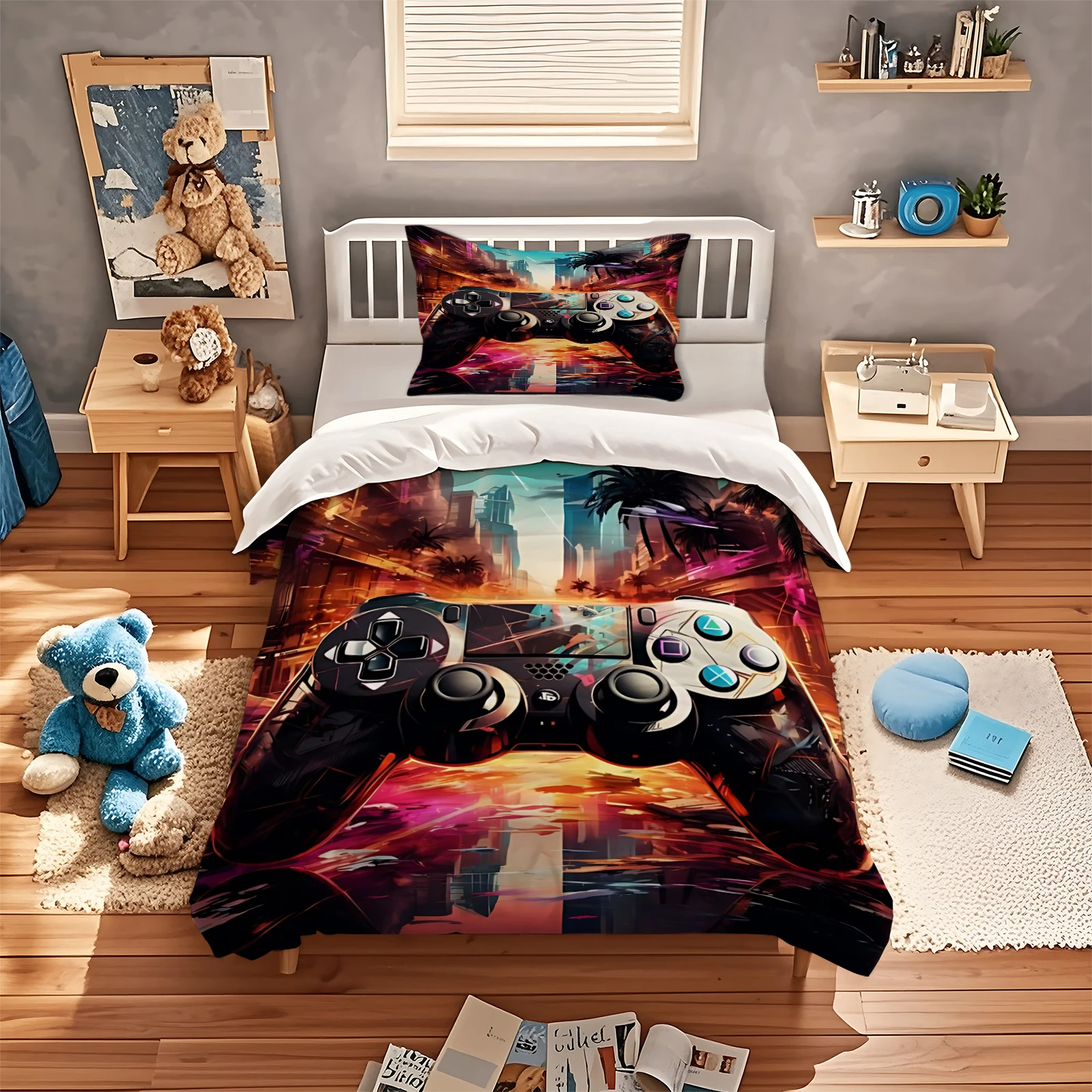 Game Controller Duvet Cover Set Neon City Gaming Bedding Set Palm Tree Sunset Video Game Super Soft Quilt Cover With Pillowcase