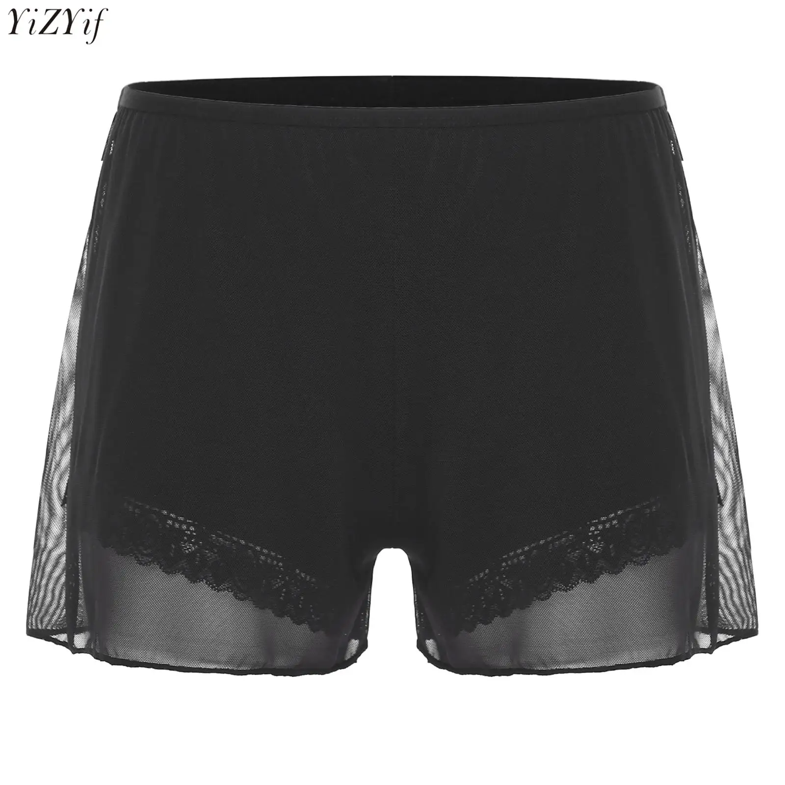 

Womens Silky Safety Shorts Pants Black 2-layer Sheer Mesh Lace Trim Lining Shorts Dress Pettipants for Daily Casual Vacation